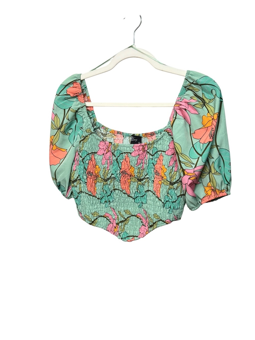 Floral Puff-Sleeve Crop Top - Mint & Coral